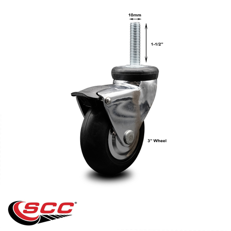 Service Caster 3 Inch Chrome Hooded Neoprene Rubber 10mm Threaded Stem Caster with Brake SCC SCC-TS03S310-NPRB-BC-B-M1015